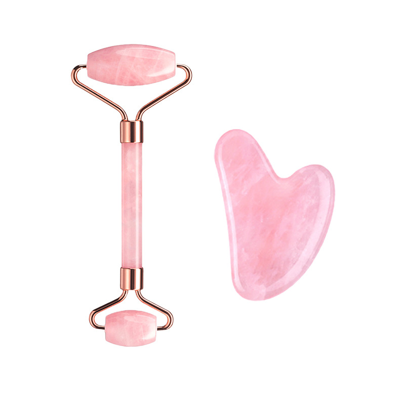 Gua Sha Tool Rose Quartz - Kit Massaggiatore Viso con Rullo in